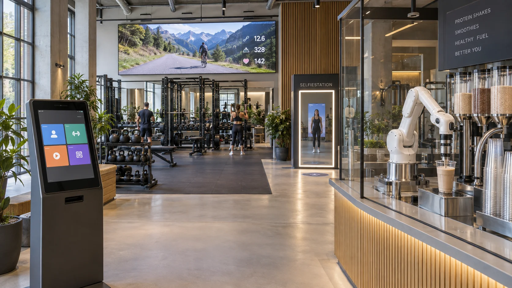 Concept of a digital gym with a touchscreen kiosk, a large cycling video wall, a selfie station and a robotic protein-shake counter.