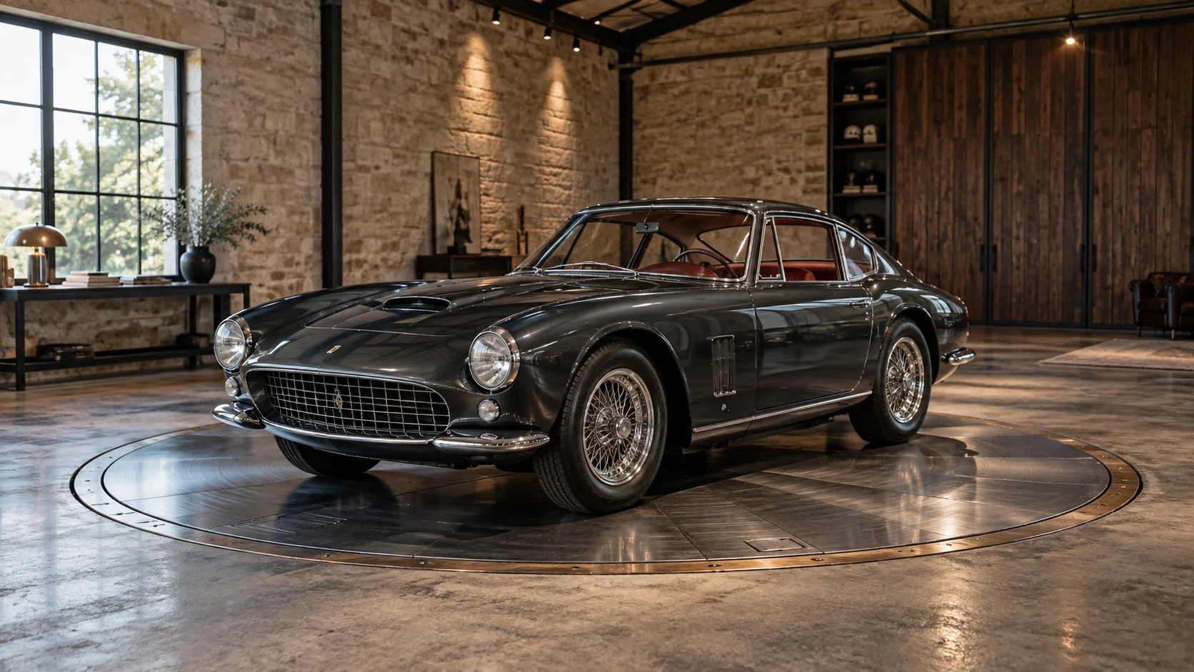 Concept of a classic car displayed on a circular metal turntable in a stone-walled venue.