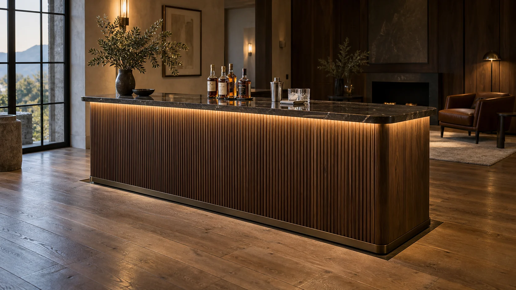 Concept of a private lounge with a raised timber bar, dark stone countertop, warm lighting and crystal glassware.